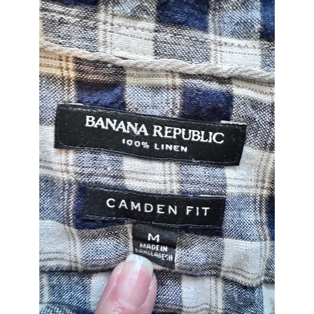 Banana Republic Button Up Shirt Mens M Camden Fit Blue‎ Plaid 100% Linen